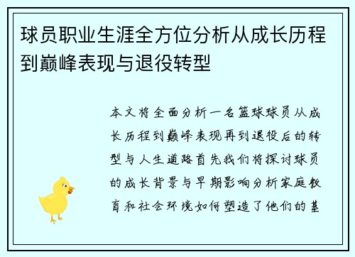 球员职业生涯全方位分析从成长历程到巅峰表现与退役转型