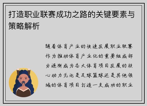 打造职业联赛成功之路的关键要素与策略解析 打造职业联赛成功之路的关键要素与策略解析